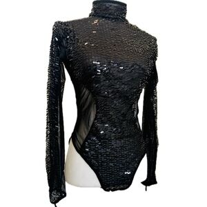 Black Sequin Symmetric Bodysuit with Long Sleeves, Size L